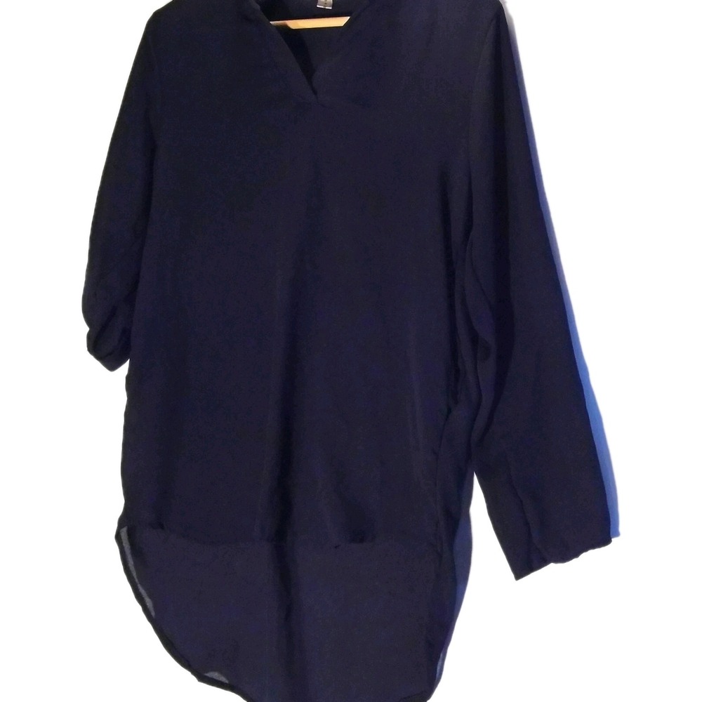 UNOQI CLOTHING Womens Navy Blue V-Neck Roll Tab Long Sleeve Blouse Tunic PXL